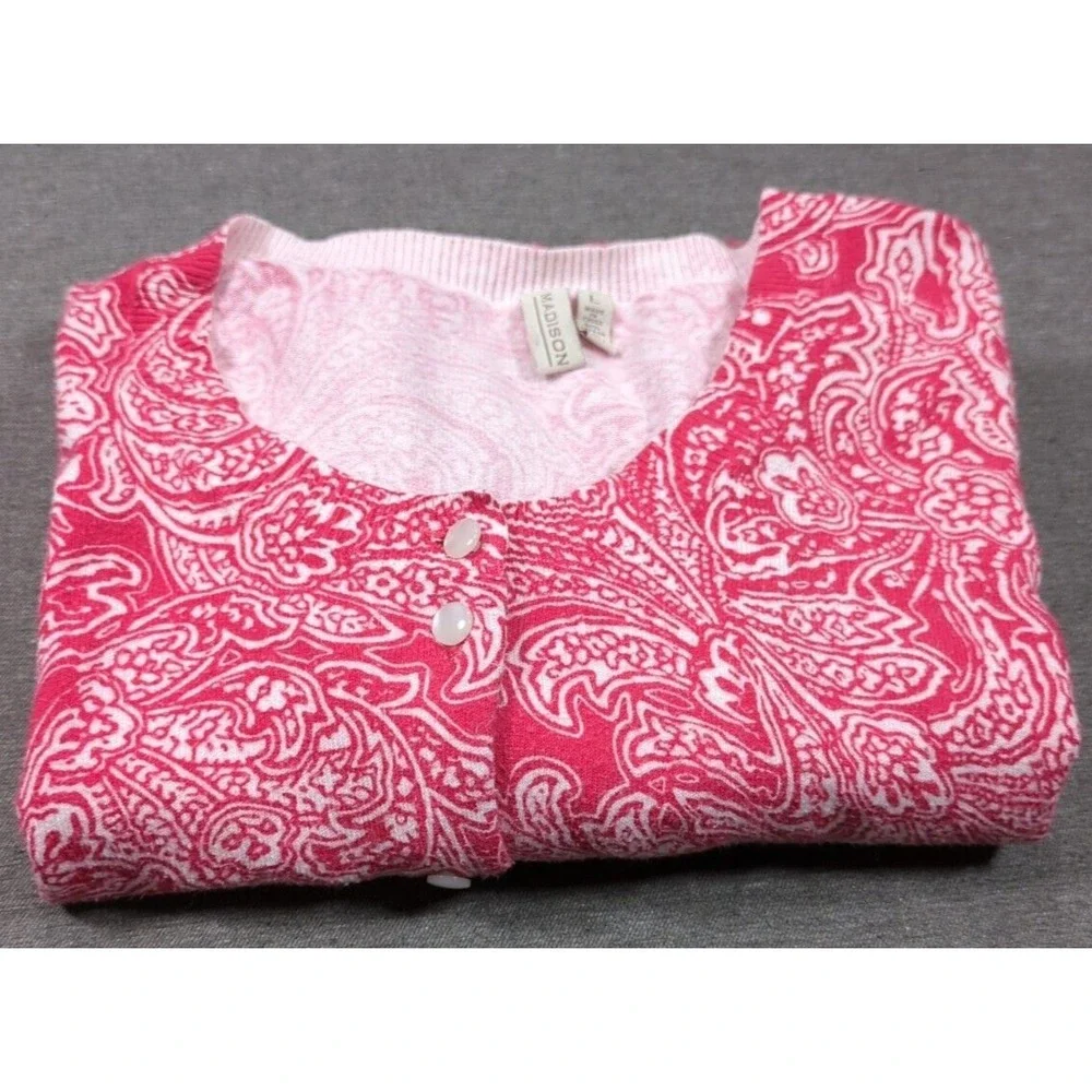 Madison Red Paisley Cardigan 3/4 Sleeve Thin Fine Knit Womens Sz L Sweater Layer